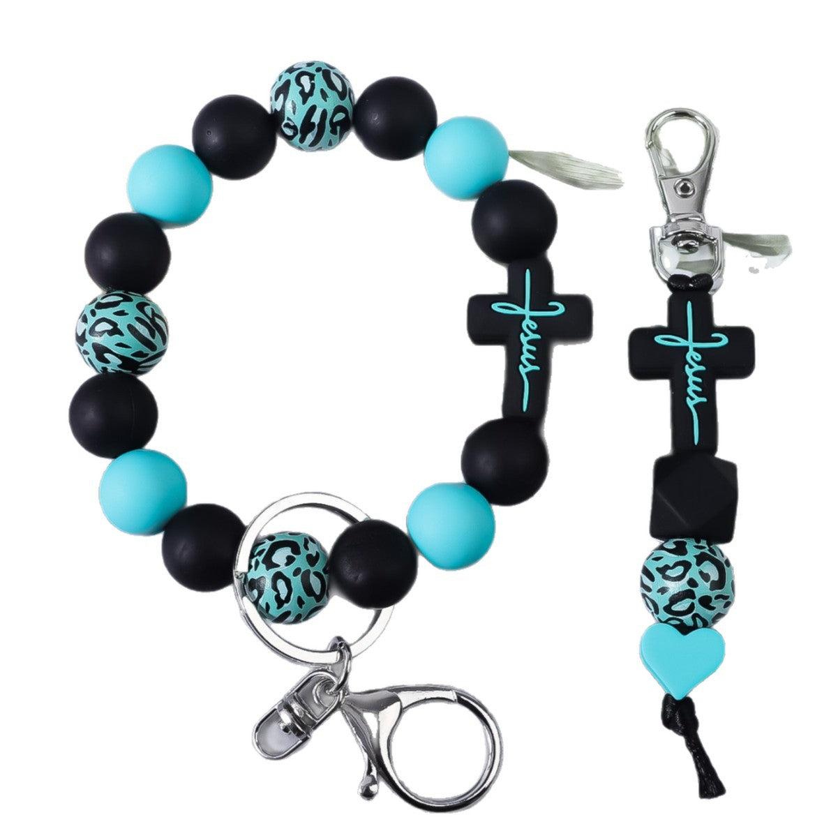 Wholesale Cross Silicone Leopard Print Wooden Bead Keychain